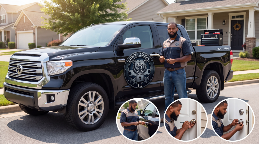 Black service pickup truck with Extreme Lockouts LLC logo parked on a suburban street; locksmith in uniform stands by the cab holding tools, ready to help with a lockout job.