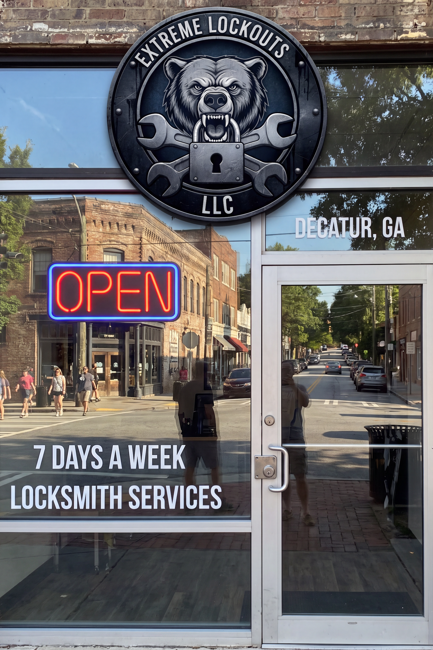 Extreme Lockouts LLC storefront 7 days a week in Decatur, ga with reflective glass showing the street outside, featuring an 'open' sign on the door and characters or text that may be decorative or informative. There is a knob and a lock on the door, and faint reflections of pedestrians and buildings can be seen. Car Lockout Services in Dekalb County GA