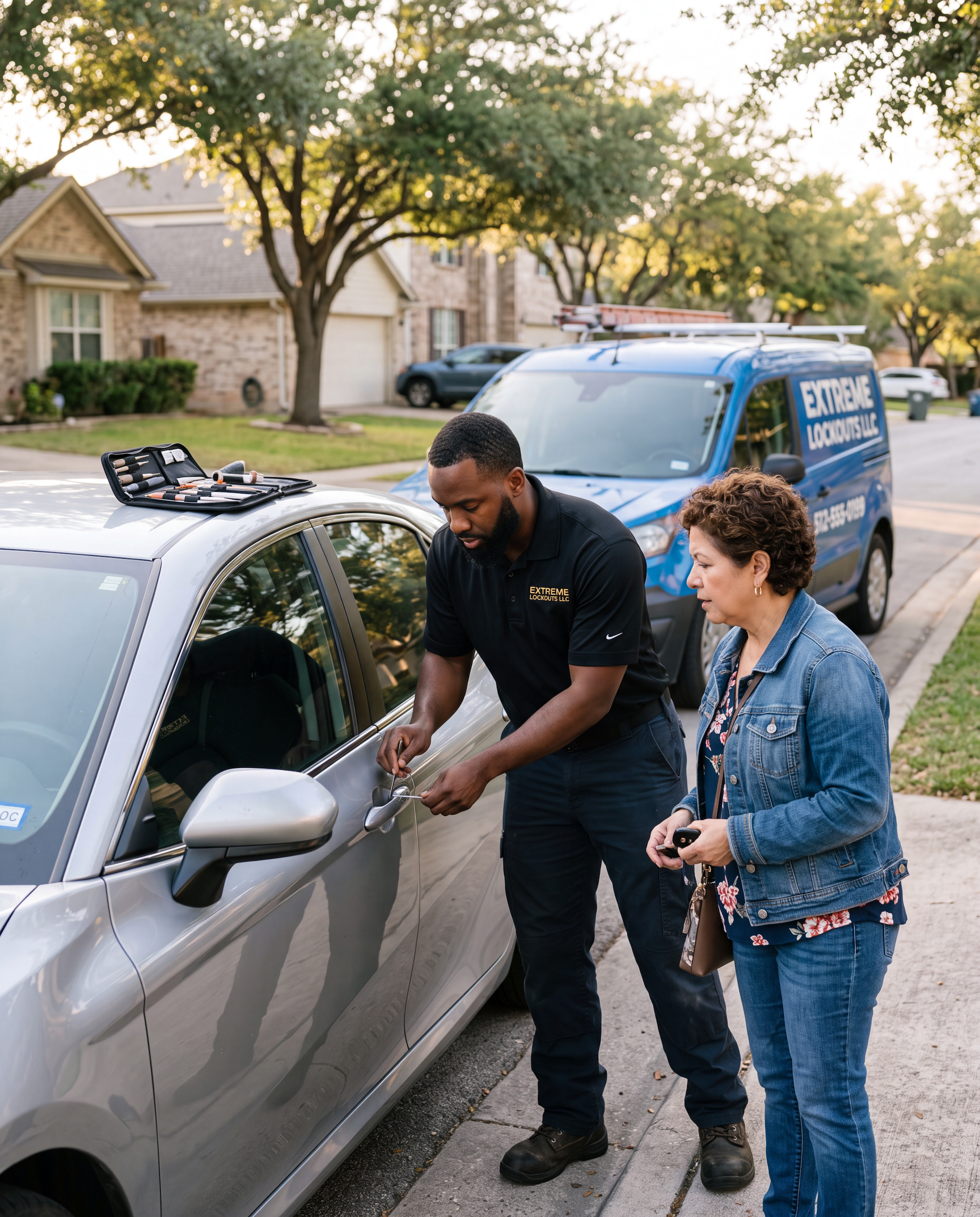 An image of (Extreme Lockouts LLC) man assisting a customer in regaining access to their vehicle by unlocking the car door lock with lock pick. Car Lockout Services in Dekalb County, GA