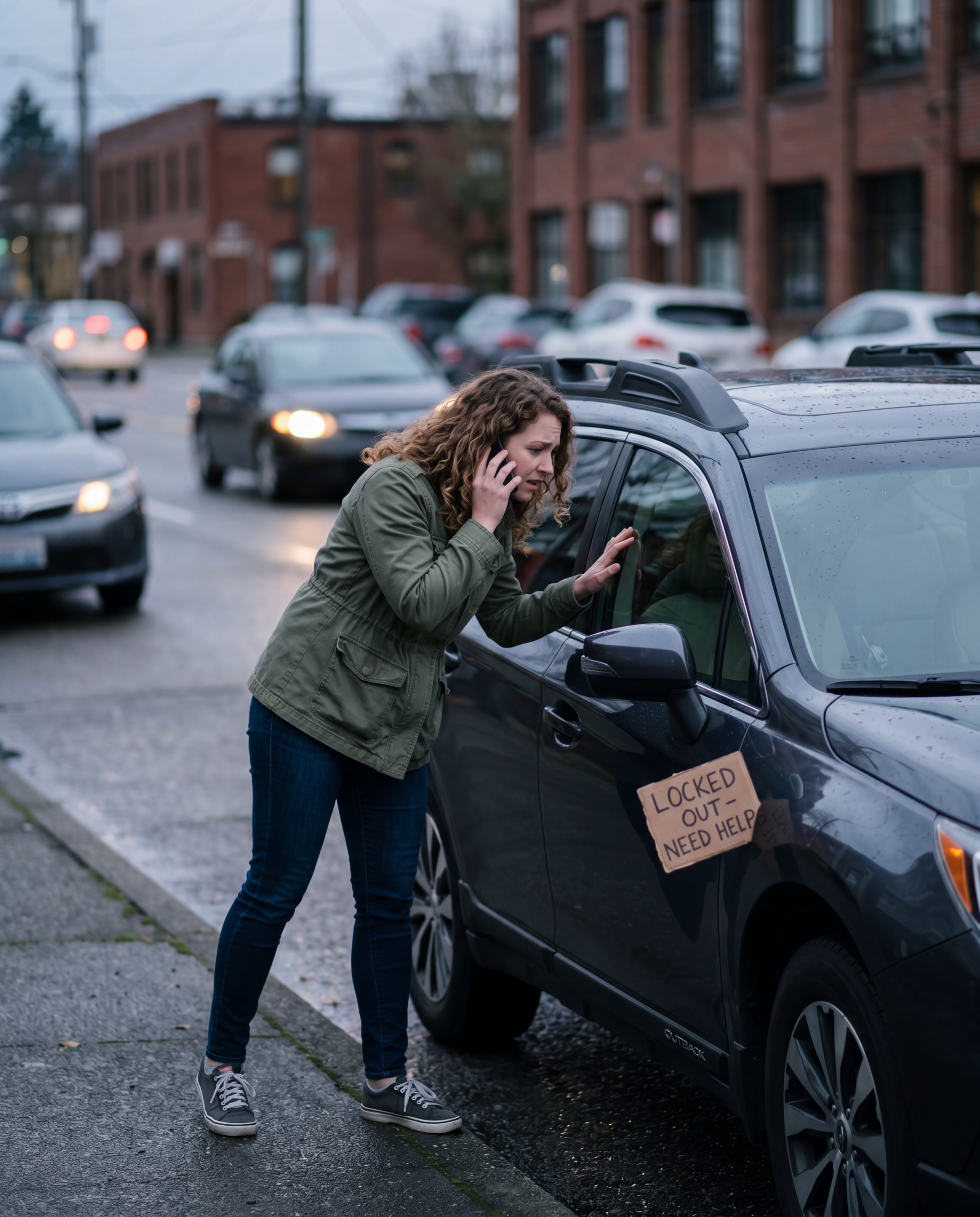Give me an image of someone locked out of their vehicle and needs help Image Car Lockout Services in Dekalb County, GA