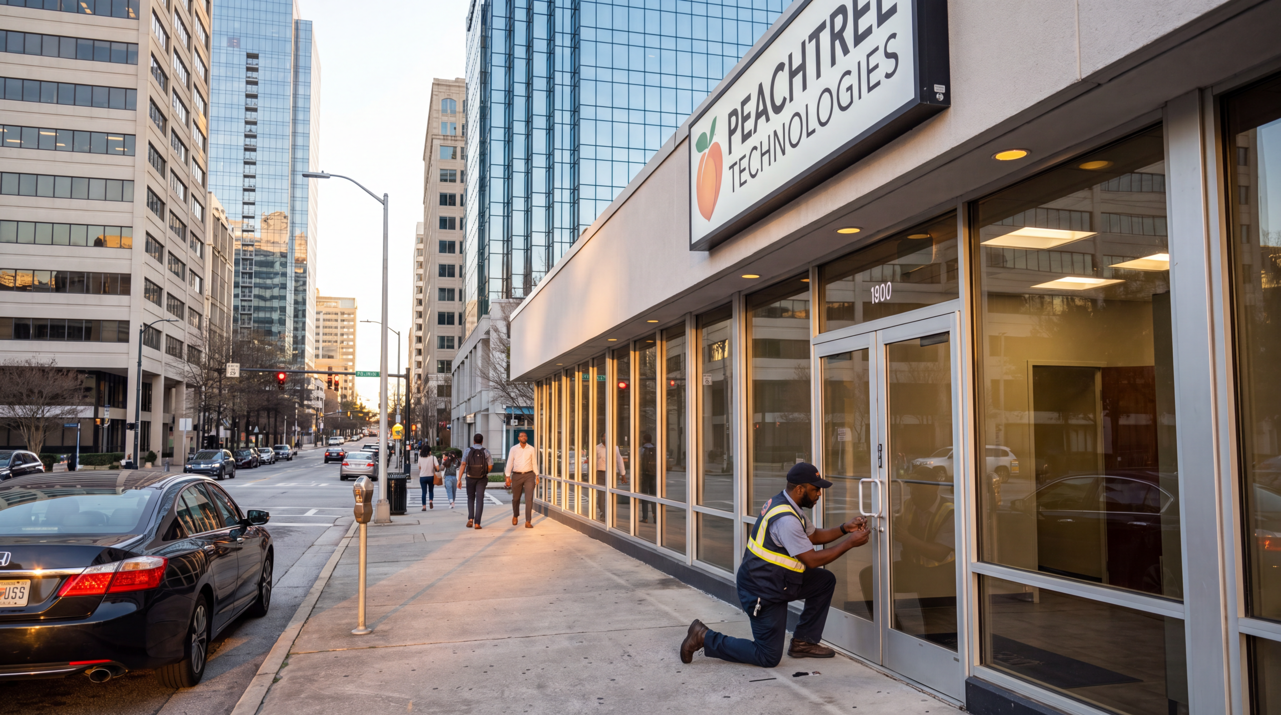 City street scene with modern glass office buildings; a storefront sign reading PEACHTREE TECHNOLOGIES above the glass doors as pedestrians pass by. Extreme Lockouts LLC