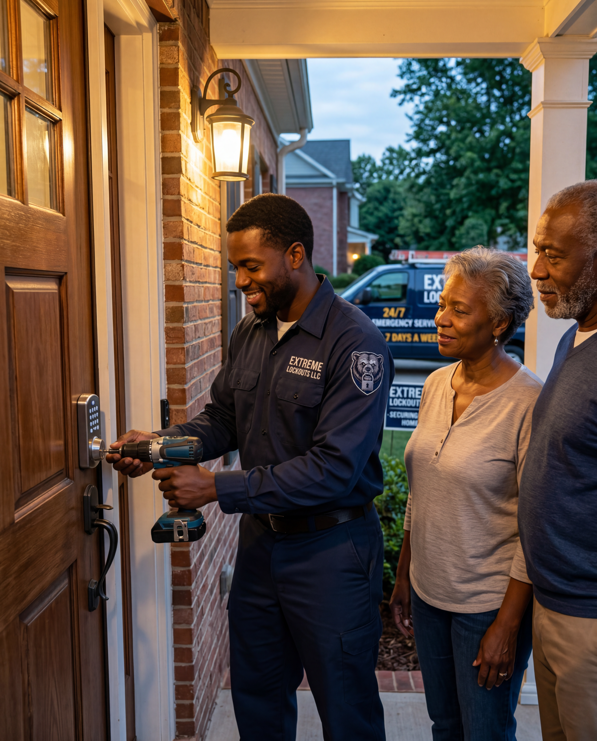 Locksmith in a dark shirt uses a cordless drill to install or repair a door lock on a brick front door, while a couple watches nearby. Image