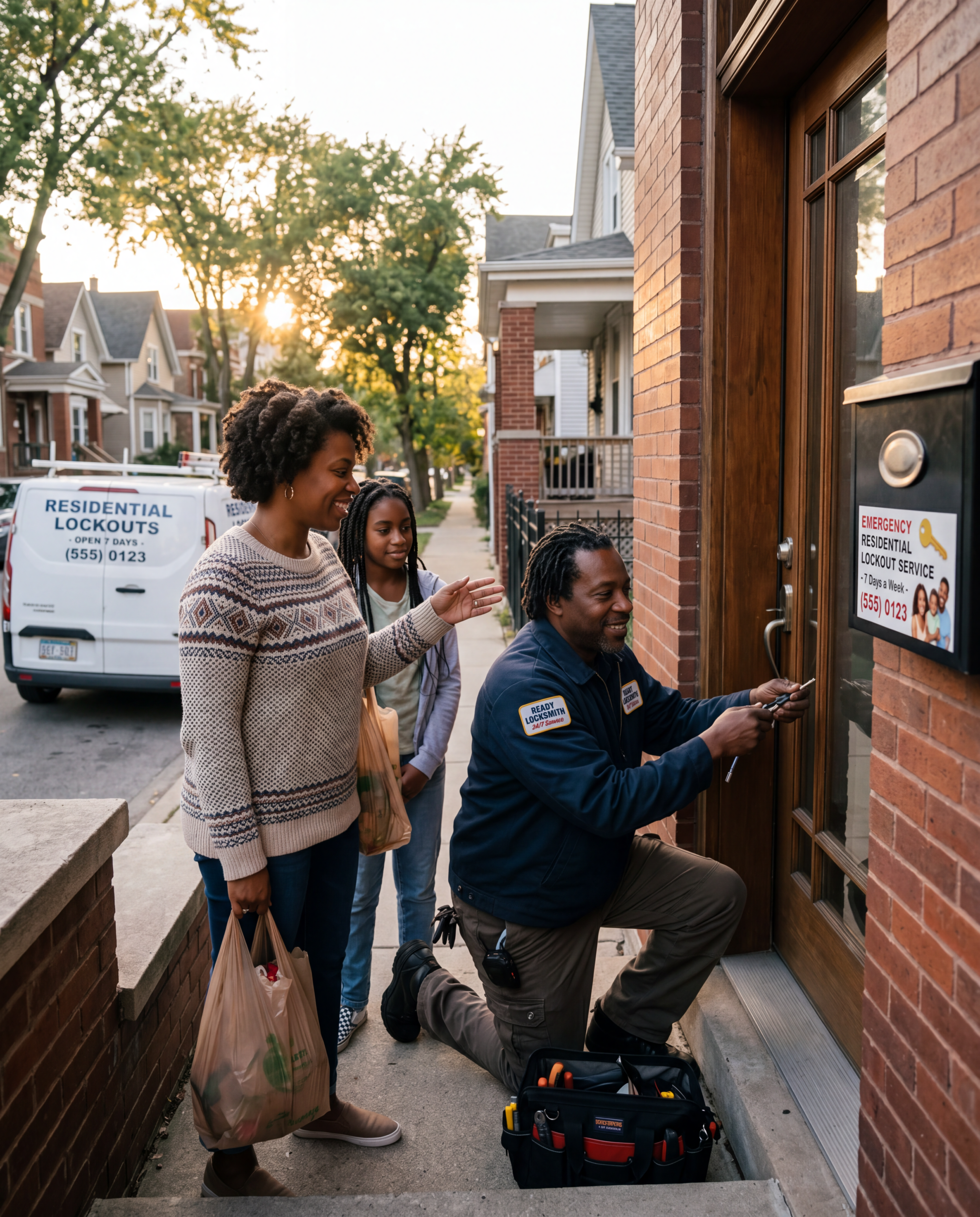 Locksmith kneels by a brick door, using tools while three women wait with bags nearby; a service van is parked on the street in the background.