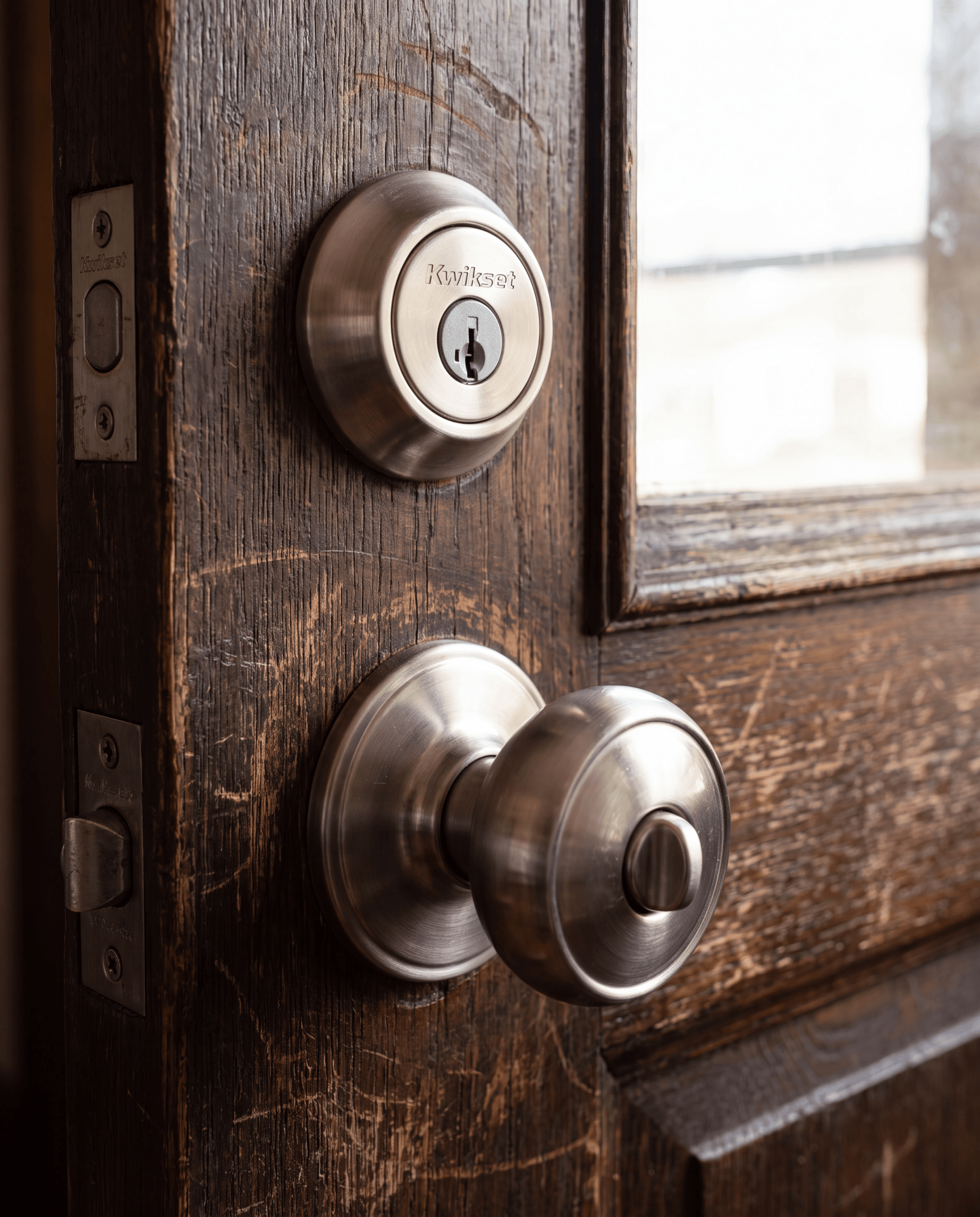 A close-up view of a door with a platinum doorknob and a deadbolt lock brand name Kwikset.