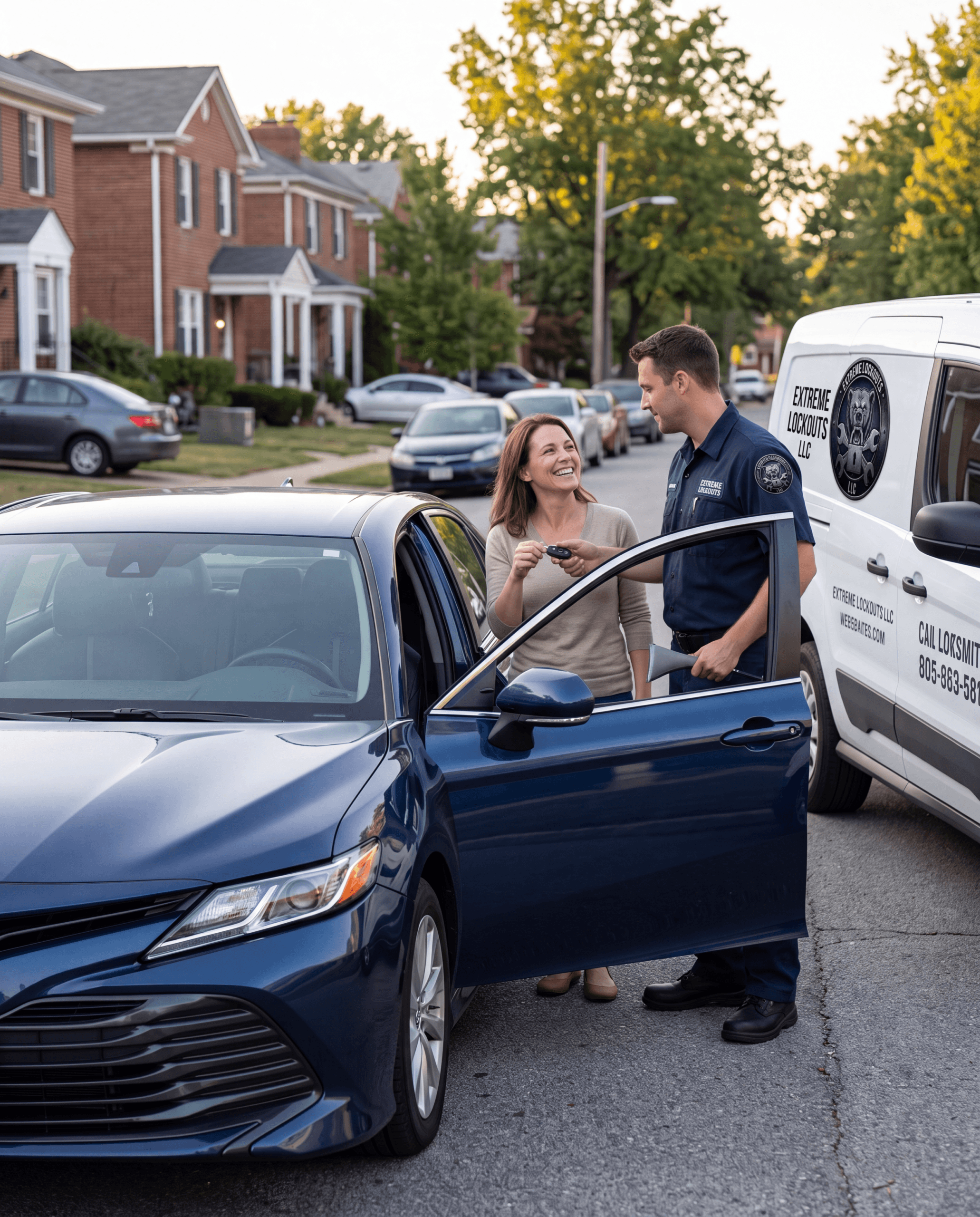 Woman hands car keys to a locksmith beside a blue sedan on a suburban street; Extreme Lockouts LLC van in the background. Car Lockout Services