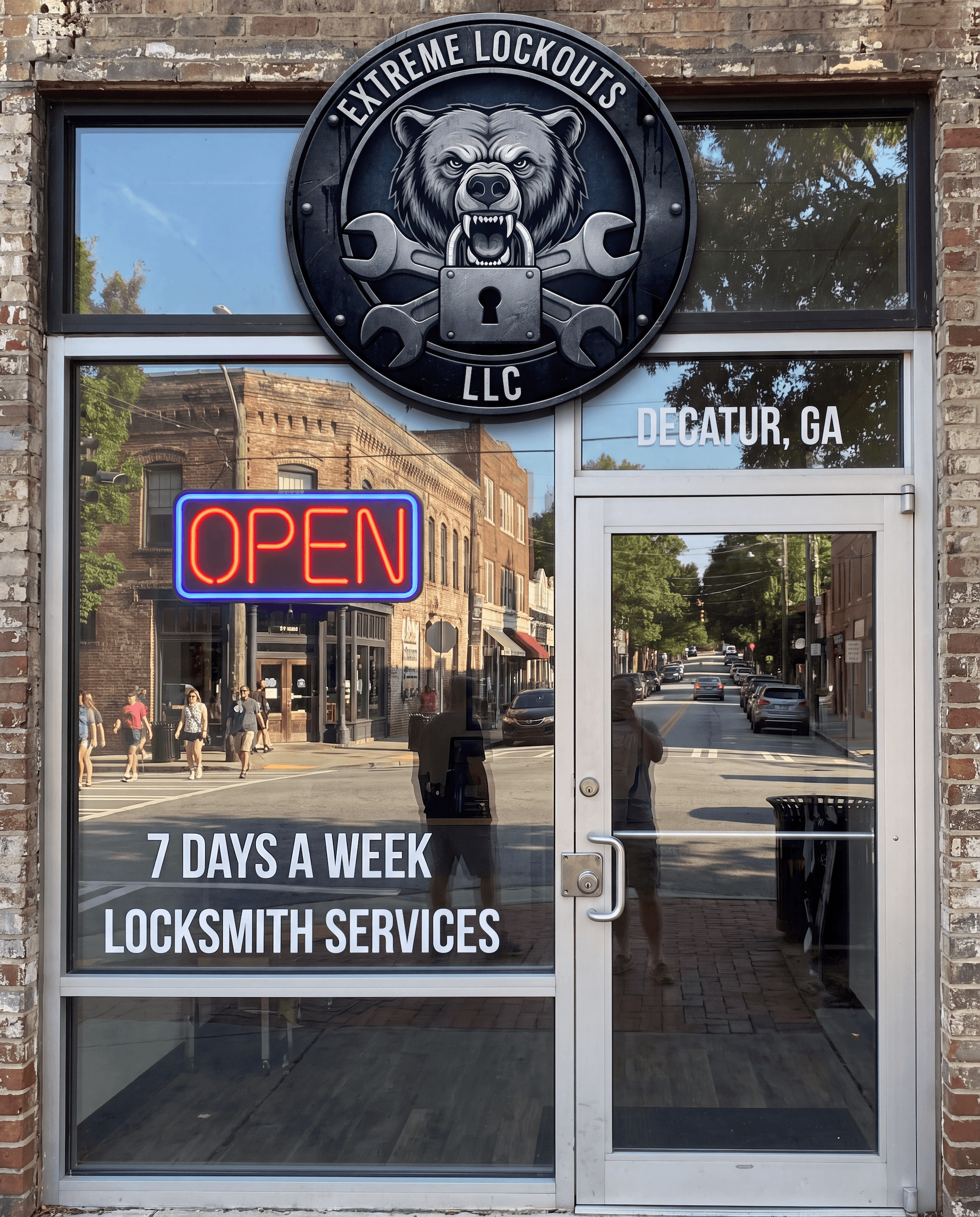 Extreme Lockouts LLC storefront 7 days a week in Decatur, ga with reflective glass showing the street outside, featuring an 'open' sign on the door and characters or text that may be decorative or informative. There is a knob and a lock on the door, and faint reflections of pedestrians and buildings can be seen. Car Lockout Services in Rockdale County GA