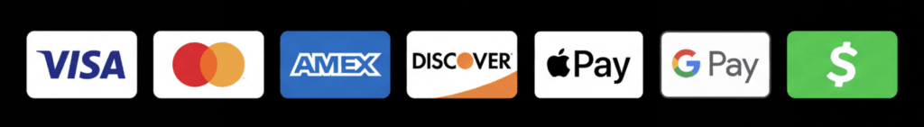 We accept all major credit cards and payment apps badge.